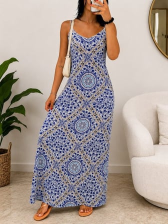 MODA ŞEHRİ Kadın Ip Askılı V Yakalı Desenli Süprem Uzun Elbise
