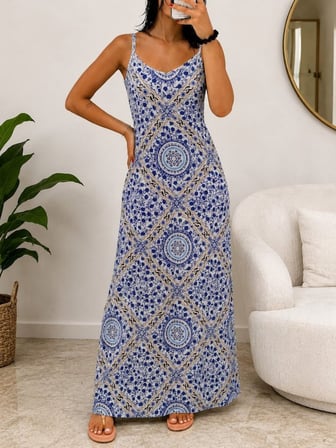 MODA ŞEHRİ Kadın Ip Askılı V Yakalı Desenli Süprem Uzun Elbise