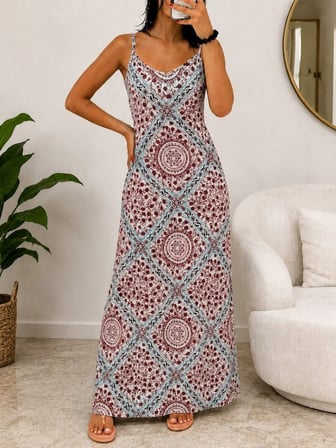 MODA ŞEHRİ Kadın Ip Askılı V Yakalı Desenli Süprem Uzun Elbise