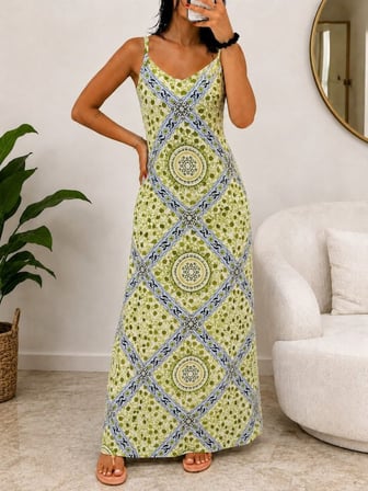 MODA ŞEHRİ Kadın Ip Askılı V Yakalı Desenli Süprem Uzun Elbise