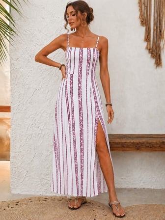 MODA ŞEHRİ Kadın Ip Askılı Yırtmaçlı Desenli Uzun Süprem Elbise