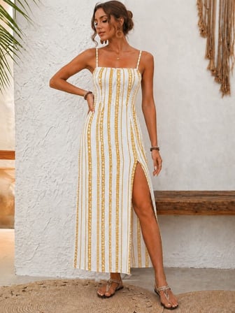 MODA ŞEHRİ Kadın Ip Askılı Yırtmaçlı Desenli Uzun Süprem Elbise