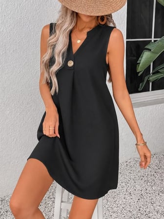 MODA ŞEHRİ Kadın Kolsuz V Hakim Yakalı Düğmeli Kısa Elbise