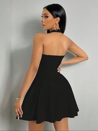 MODA ŞEHRİ Kadın Boyundan Askılı Geometrik Yakalı Kısa Dalgıç Elbise