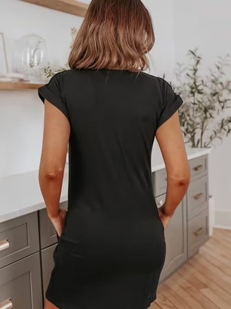MODA ŞEHRİ Kadın Kısa Kollu Bisiklet Yaka Cepli Kısa Viskon Iki Iplik Elbise