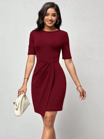 MODA ŞEHRİ Kadın Kısa Kollu Bisiklet Yaka önden Büzgülü Mini Ithal Krep Elbise