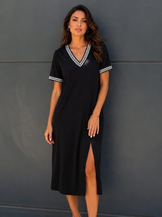 MODA ŞEHRİ Kadın Kısa Kollu V Yakalı Yırtmaçlı Midi Boy Viskon Elbise