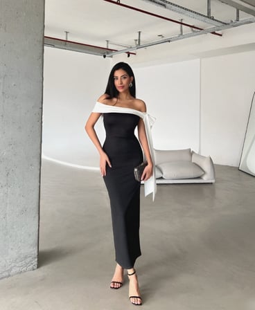 MODA ŞEHRİ Kadın Omuz Dekolte Beyaz Kurdele Detay Uzun Krep Elbise