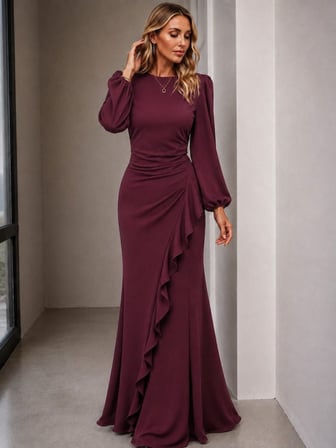 MODA ŞEHRİ Kadın Uzun Kollu Bisiklet Yakalı önden Fırfırlı Uzun Janjan Krep Elbise
