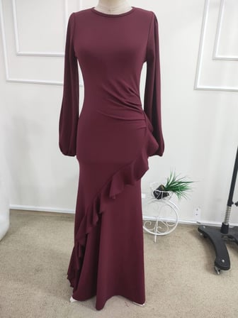 MODA ŞEHRİ Kadın Uzun Kollu Bisiklet Yakalı önden Fırfırlı Uzun Janjan Krep Elbise