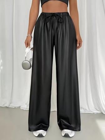 MODA ŞEHRİ Kadın Yüksek Bel Belden Lastikli Bağcıklı Geniş Kesim Detaylı Deri Pantolon