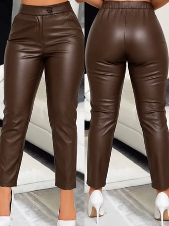 MODA ŞEHRİ Kadın Yüksek Bel Cepli Deri Pantolon