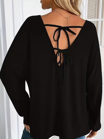 MODA ŞEHRİ Kadın Uzun Kollu V Yarasa Kollu Sırttan Bağcıklı Viskon Bluz