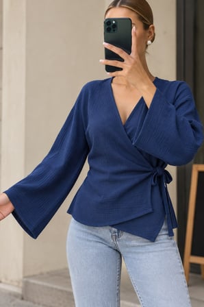 MODA ŞEHRİ Kruvaze Kesim, Bağlama Detaylı Lacivert Bluz