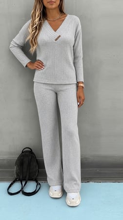 MODA ŞEHRİ Kadın Uzun Kollu V Yakalı şardonlu Kaşkorse Bluz Ve Pantolon Ikili Takım