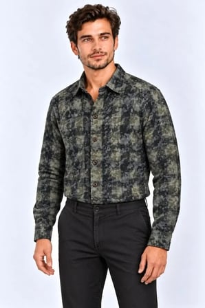 MODA ŞEHRİ Erkek Ekose Kareli Batik Yıkamalı Şardonlu Uzun Kollu Regular Fit Oduncu Gömlek - Haki