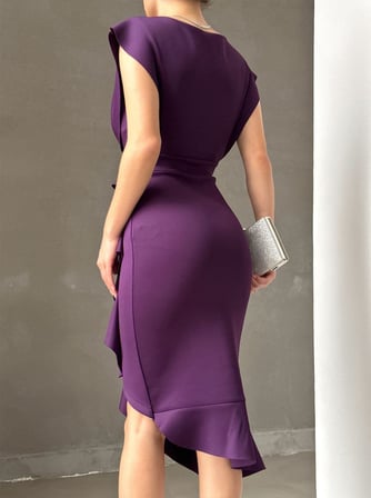 MODA ŞEHRİ Scuba Kumaş Önü Fırfırlı Midi Boy Elbise