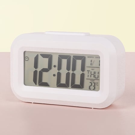 Mini Dijital Masa Saati ve Çalar Saat – LCD Ekranlı, Tarih ve Sıcaklık Göstergeli Alarm Saati 9 × 4,5 cm - Beyaz