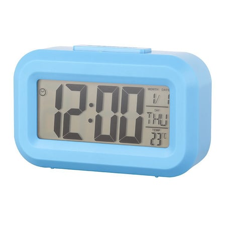 Mini Dijital Masa Saati ve Çalar Saat – LCD Ekranlı, Tarih ve Sıcaklık Göstergeli Alarm Saati 9 × 4,5 cm - Mavi