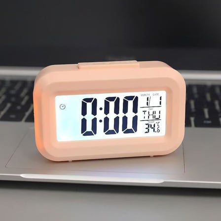 Mini Dijital Masa Saati ve Çalar Saat – LCD Ekranlı, Tarih ve Sıcaklık Göstergeli Alarm Saati Pembe
