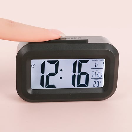 Mini Dijital Masa Saati ve Çalar Saat – LCD Ekranlı, Tarih ve Sıcaklık Göstergeli Alarm Saati 9 × 4,5 cm - Siyah