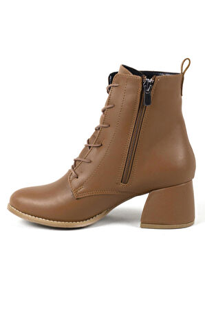 Mida Shoes Taba Deri Fermuarlı Kadın Bot