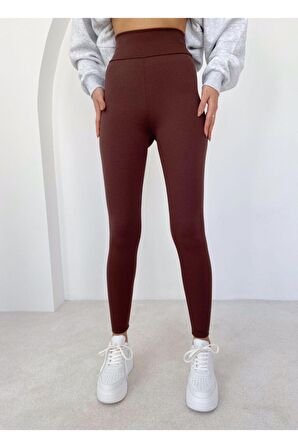 Kadın Acıkahve Yüksek Bel Beli Ekstra Lastikli Dar Paça Toparlayıcı Slim Fit Kaş Korse Fitilli Tayt