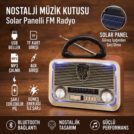 Solar Panelli LED Fenerli FM Radyo - Nostaljik Tasarım - Şarjlı - Bluetooth Özellikli