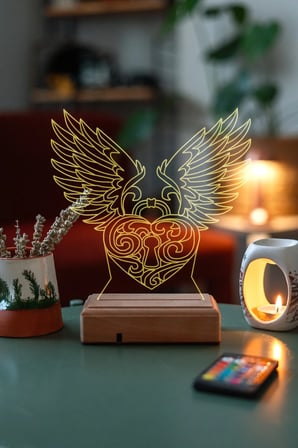 Kalp Ve Kanat 3d 16 Renk Dekoratif 16 Renkli Kumandalı Led Lamba