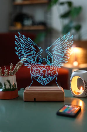Kalp Ve Kanat 3d 16 Renk Dekoratif 16 Renkli Kumandalı Led Lamba