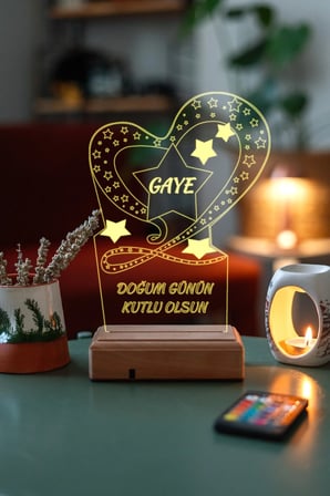 Kişiye Özel Doğum Günü Hediyesi Kalp Ve Yıldızlar 3D Dekoratif Led Lamba