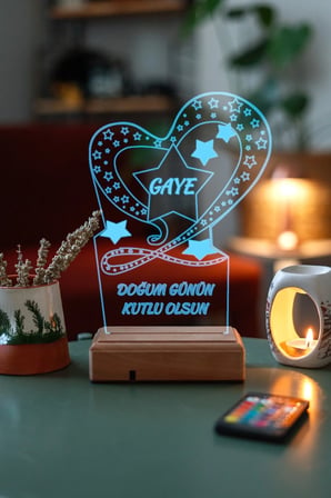 Kişiye Özel Doğum Günü Hediyesi Kalp Ve Yıldızlar 3D Dekoratif Led Lamba