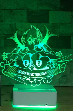 Sevgiliye Hediye Kişiye Özel Sen & Ben ve Kuşlar 3D 16 Renk Dekoratif Led Lamba