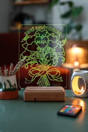 Sevgiliye Hediye Kişiye Özel 3D Aşk Çiçek 16 Renk Dekoratif Led Lamba