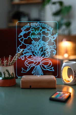 Sevgiliye Hediye Kişiye Özel 3D Aşk Çiçek 16 Renk Dekoratif Led Lamba
