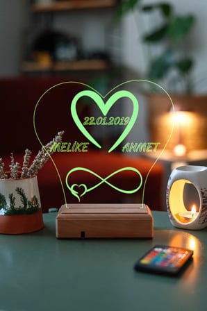 Sevgiliye Hediye Kişiye Özel 3D Kalp İsim Tarih Sonsuzluk 16 Renk Dekoratif Led Lamba