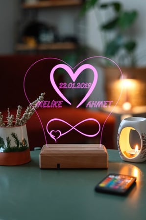 Sevgiliye Hediye Kişiye Özel 3D Kalp İsim Tarih Sonsuzluk 16 Renk Dekoratif Led Lamba