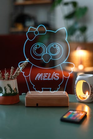 Kişiye Özel Isimli 3d Baykuş Ve Kalp 16 Renk Dekoratif Led Lamba