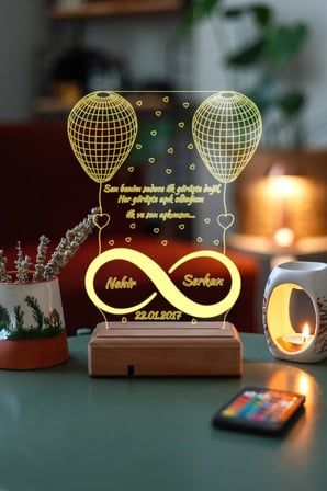 Sevgiliye Hediye 3D Sonsuzluk 2 Kalp 16 Renk Dekoratif Led Gece Lambası