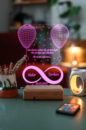 Sevgiliye Hediye 3D Sonsuzluk 2 Kalp 16 Renk Dekoratif Led Gece Lambası