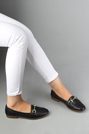 Modabuymus Kadın Hakiki Deri Tokalı Yumuşak Babet Siyah Ayakkabı - Bader