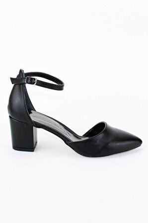 Modabuymus Kadın Yanı Açık Bilekli Kısa Kalın Topuklu Siyah Stiletto - Rebone