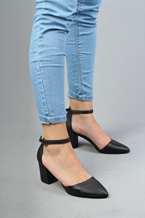 Modabuymus Kadın Yanı Açık Bilekli Kısa Kalın Topuklu Siyah Stiletto - Rebone