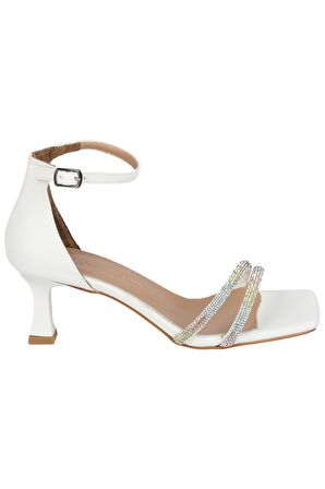 Modabuymus Beyaz Taşlı Çift Bant Topuklu Abiye Ayakkabı - Lovely