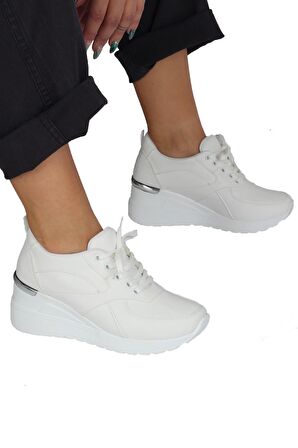 Modabuymus Beyaz Dolgu Topuklu Sneaker Bağcıklı Spor Ayakkabı - Pily