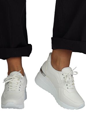 Modabuymus Beyaz Dolgu Topuklu Sneaker Bağcıklı Spor Ayakkabı - Pily