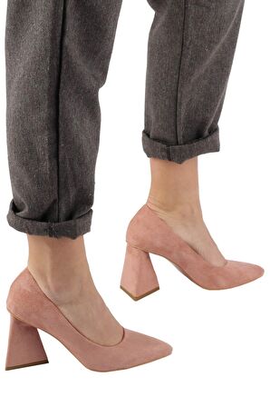 Modabuymus Pudra Süet Stiletto Üçgen Kalın Topuklu Ayakkabı - İkon