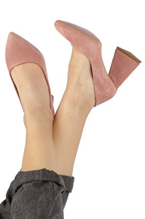 Modabuymus Pudra Süet Stiletto Üçgen Kalın Topuklu Ayakkabı - İkon