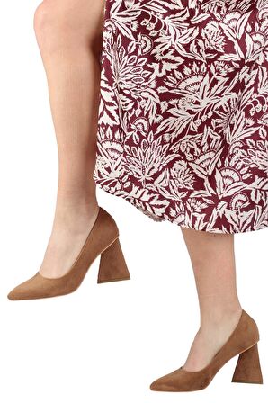 Modabuymus Vizon Süet Stiletto Üçgen Kalın Topuklu Ayakkabı - İkon