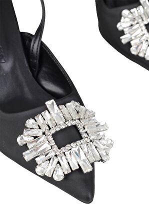Modabuymus Siyah Taşlı Arkası Açık Stiletto Kısa Topuklu Ayakkabı - Elizabeth